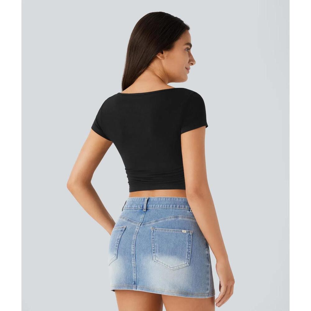NWT Halara boat neck black baby tee cropped Size XL - Picture 3 of 8
